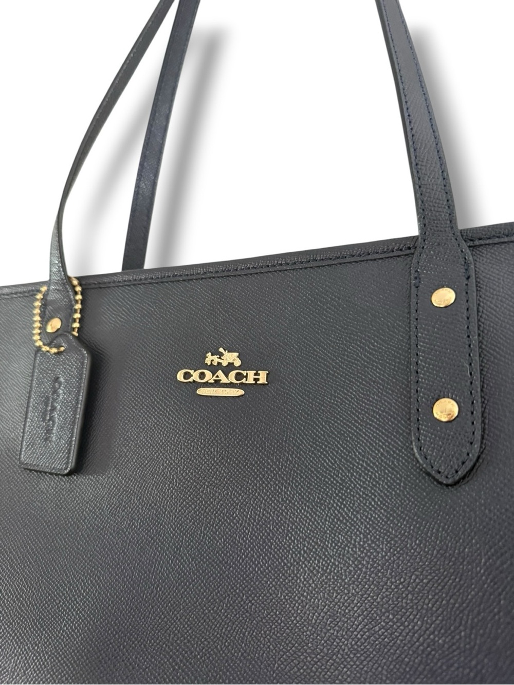 COACH Large City Tote Bag Coated Crossgrain Leather Tote, Navy, EUC - Picture 6 of 15